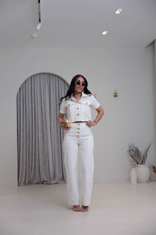 7410 Gold Düğmeli Denim Takım EKRU