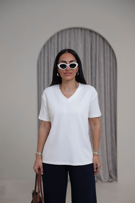 T927 V Yaka Modal Kumaş Tshirt EKRU
