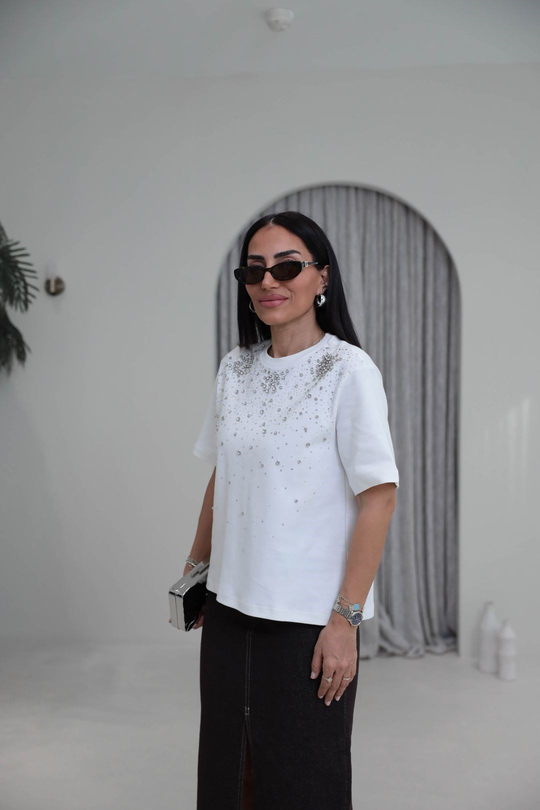 8202 Bisiklet Yaka Dağınık Taş Çakımlı Tshirt EKRU