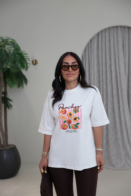 2026 Peaches Şeftali Baskılı Oversize Pamuklu Tshirt EKRU
