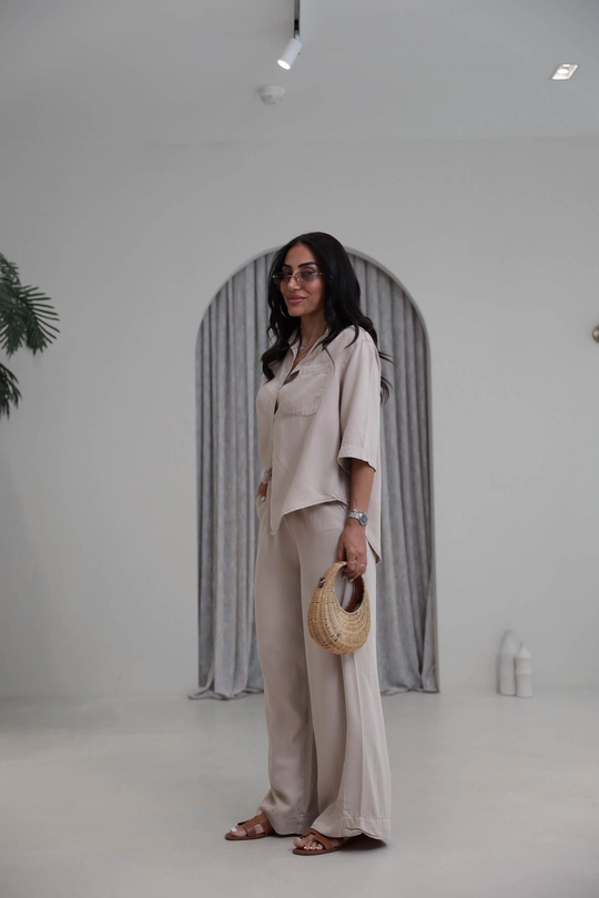 3444  Soft Tencel Kumaş Oversize Takım BEJ