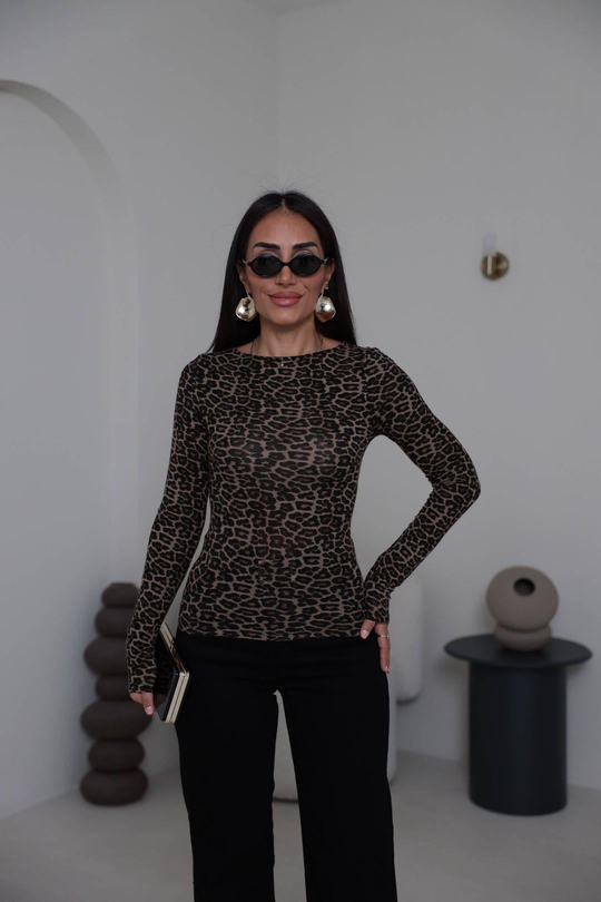 2206 Kayık Yaka Uzun Kol Leopar Bluz LEOPAR KAHVE