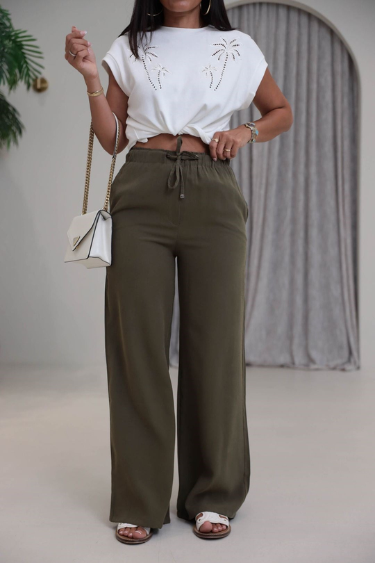 Tencel Kumaş Bol Paça Pantolon HAKİ YEŞİL