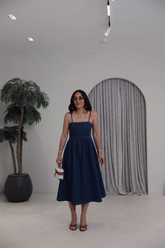811 İp Askılı Denim Elbise KOYU MAVİ