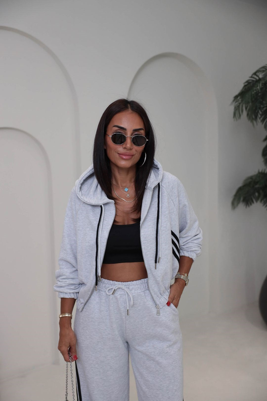 4285 Şerit Detaylı Fermuarlı Sweat Pantolon Takım GRİ MELANJ