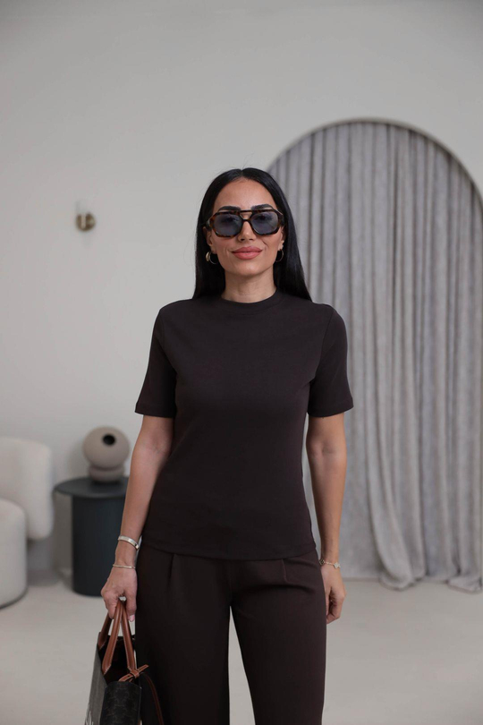 1075 Bisiklet Yaka Pamuklu Basic Tshirt ACI KAHVE