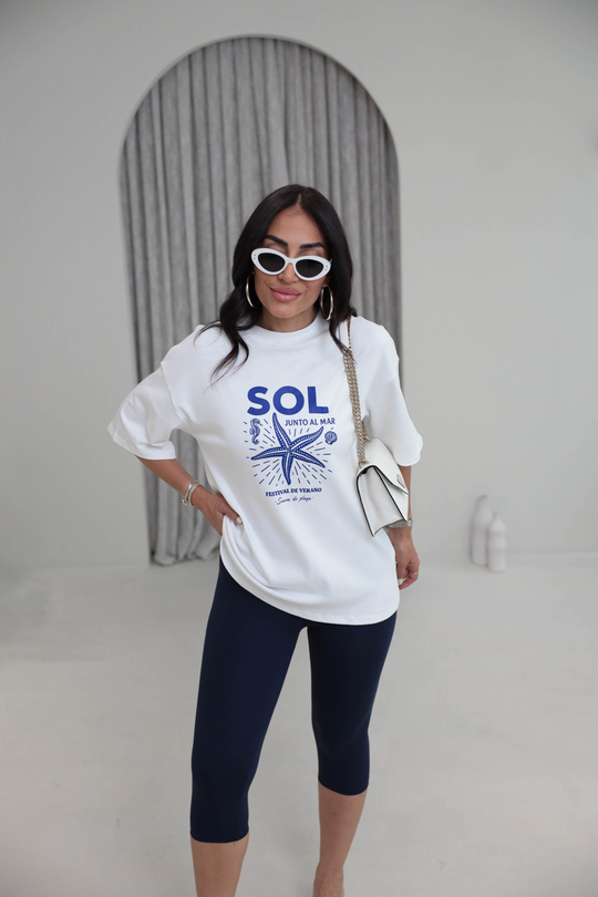 2031 Sol Deniz Yıldızı Desenli Oversize Pamuklu Tshirt EKRU