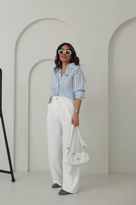 7053 Çizgili Kalp Nakışlı Cotton Gömlek MAVİ