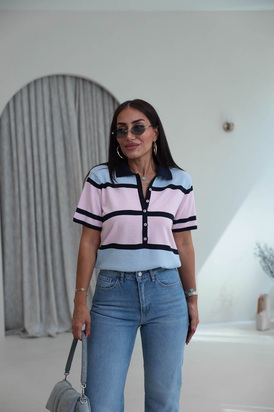 5469 Polo yaka Renk Bloklu Bluz RENKLİ