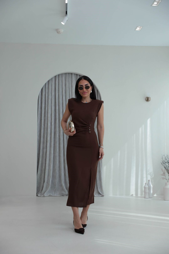 3870 Sıfır Kol Vatkalı Drapeli Elbise KAHVE