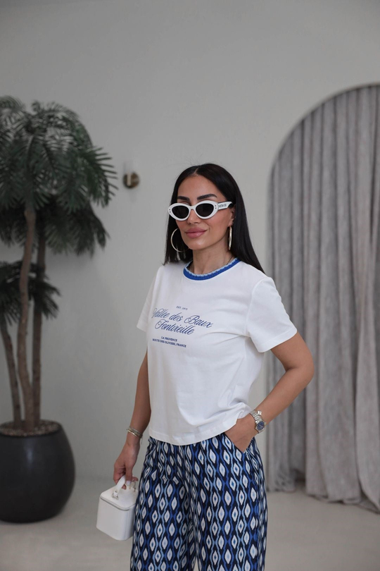1843 Yakası Örgü Detaylı Yazılı Tshirt LACİVERT