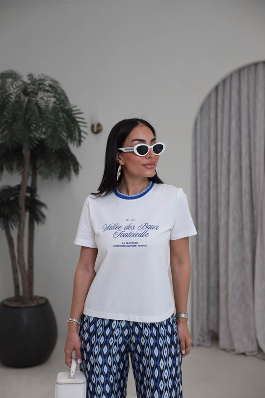 1843 Yakası Örgü Detaylı Yazılı Tshirt LACİVERT