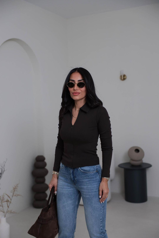 7246 Fermuar Detaylı Polo Yaka Bluz ACI KAHVE