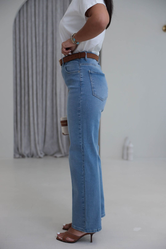 8171 Süet Kemerli Yıkamalı Straight Pantolon MAVİ