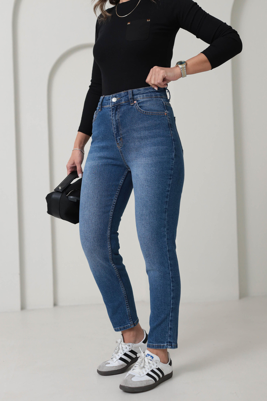1002 Mom Fit Likralı Jean MAVİ