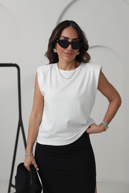 8802 Omuzları Vatkalı Pamuklu Tshirt EKRU