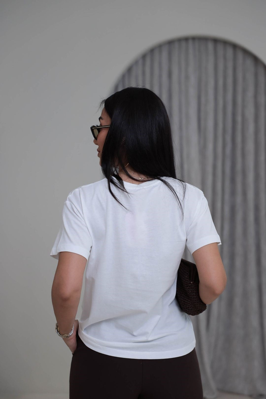 2205 Floral Kahve Nakışlı Pamuklu Tshirt EKRU