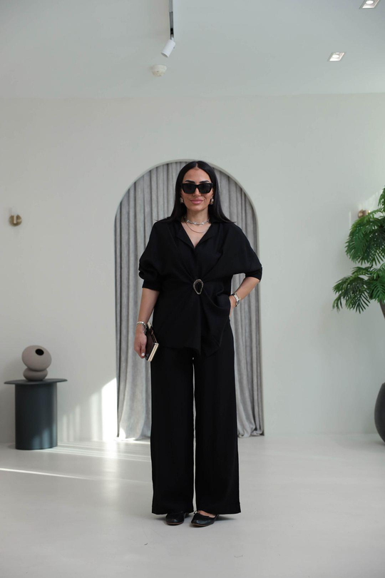7091 Broş Detaylı Gömlek Pantolon Takım SİYAH