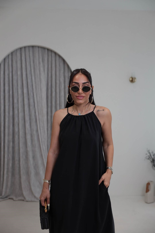 1106C İpli Halter Yaka Cepli Tencel Elbise SİYAH