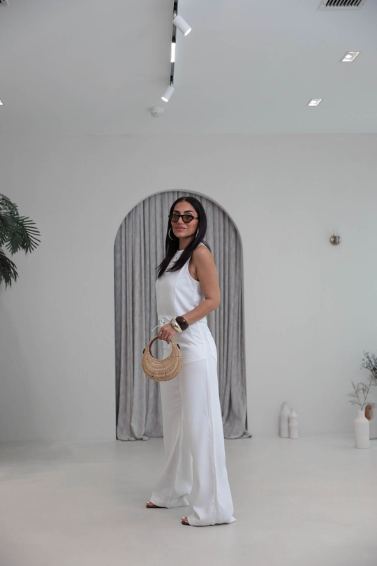 8289 Sıfır Kol Arkası Fermuarlı Tencel Kot Pantolon Bluz Takım BEYAZ