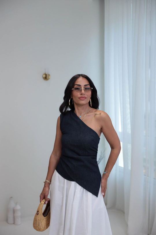 3281 Tek Omuz Asimetrik Kot Bluz LACİVERT