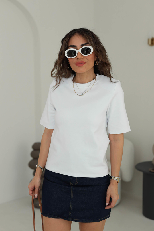 1134 Vatkalı Kalın Dokulu Tshirt BEYAZ