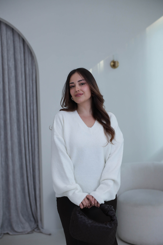 2733 V Yaka Yün Karışımlı Kazak EKRU