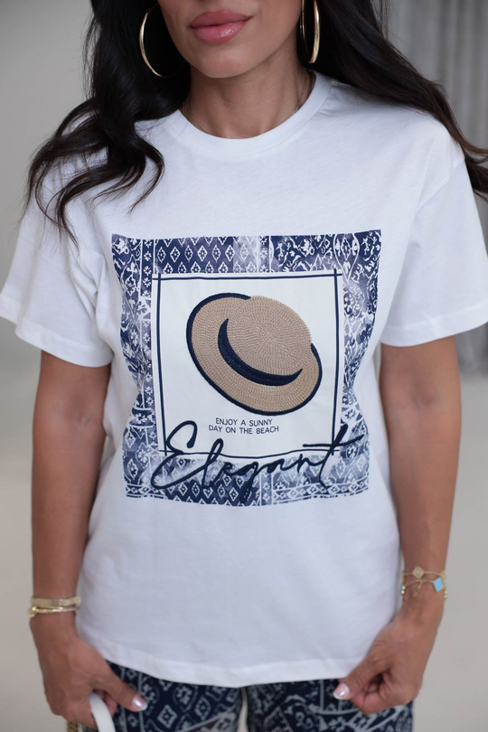 2020 Nakışlı Şapka Desenli Bisiklet Yaka Tshirt EKRU