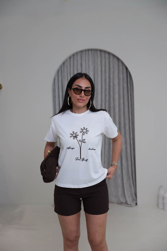 2205 Floral Kahve Nakışlı Pamuklu Tshirt EKRU