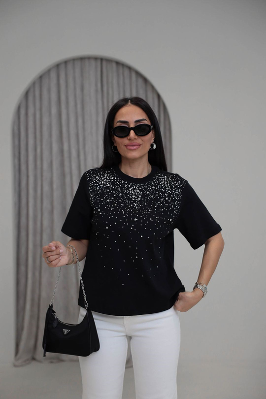 8202 Bisiklet Yaka Dağınık Taş Çakımlı Tshirt SİYAH