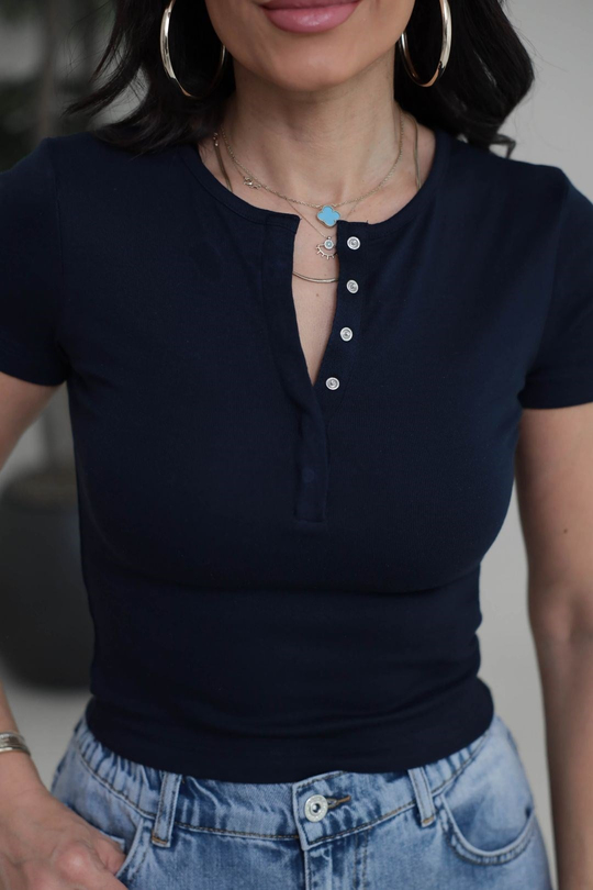 1704 Çıtçıt Düğmeli Kısa Kol Modal Tshirt LACİVERT
