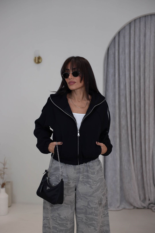 2421 Dik Yaka Fermuarlı Reglan Kol 3 İplik Sweatshirt SİYAH