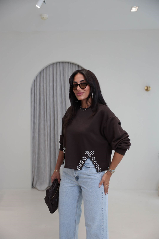 9095 Eteği Taş Süslemeli Pamuklu Sweatshirt KAHVE