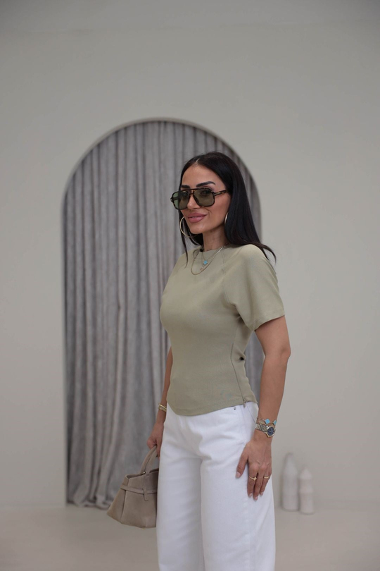 2322 Reglan Kol Yandan Fermuarlı Pamuklu Tshirt AÇIK HAKİ