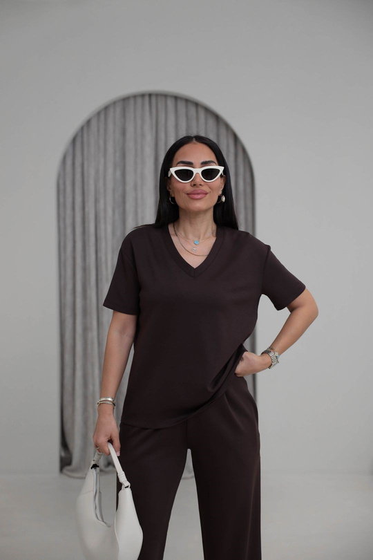 T927 V Yaka Modal Kumaş Tshirt ACI KAHVE