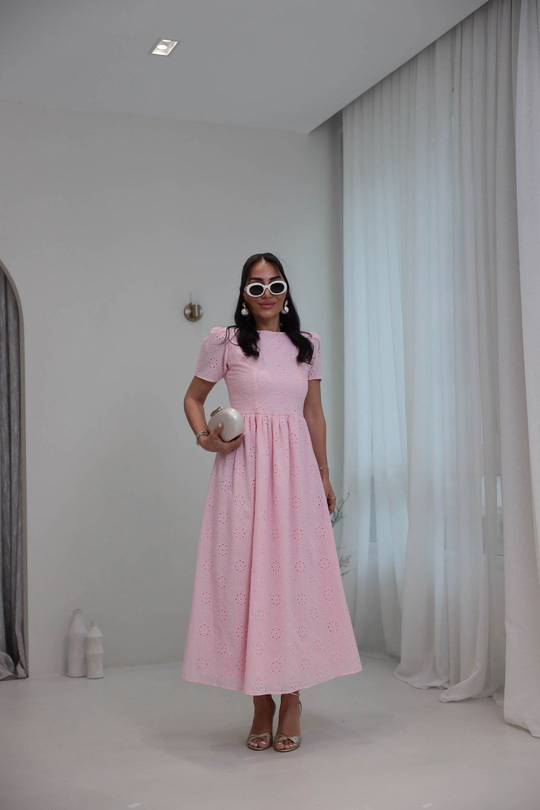 7139 Fisto Kumaş Astarlı Uzun Elbise PEMBE