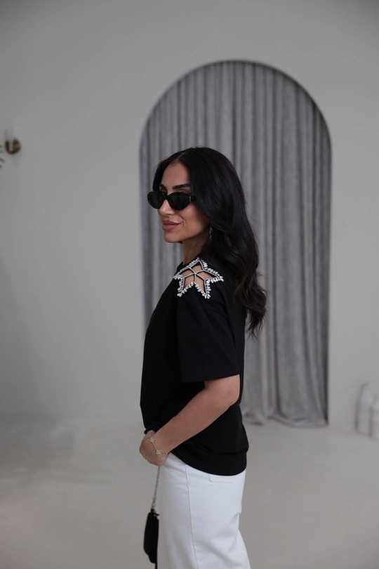 Omuzu Yıldız Taşlı Tshirt SİYAH