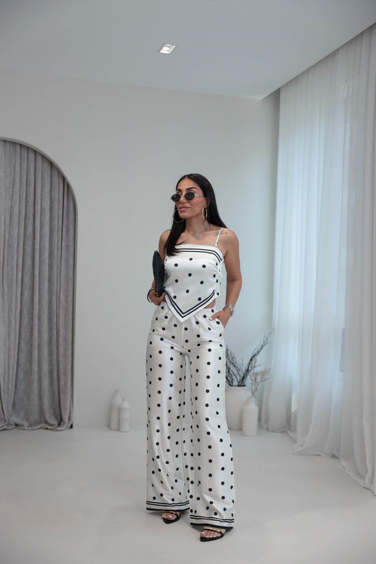 8423 Puantiyeli Şal Kesim Drapeli Saten Büstiyer & Pantolon Takım EKRU