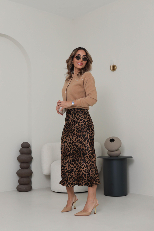 6575 Leopar Desen Verev İpek Saten Etek KAHVE