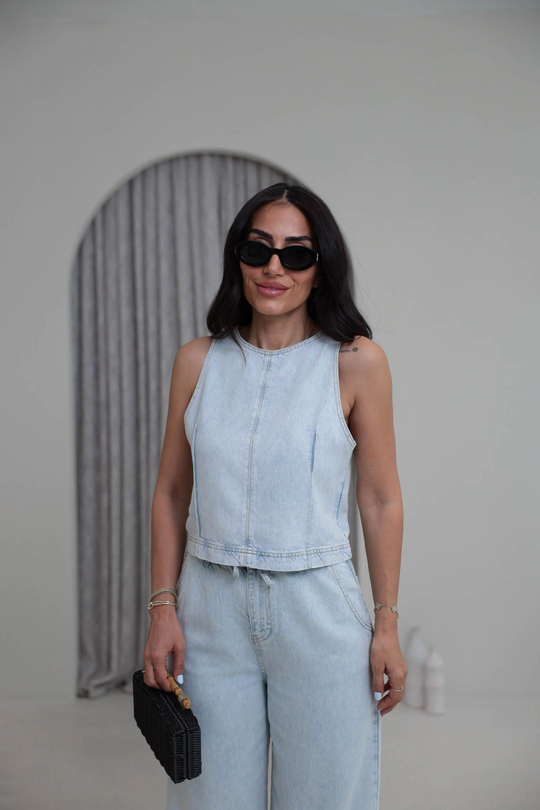 8289 Sıfır Kol Arkası Fermuarlı Tencel Kot Pantolon Bluz Takım BUZ MAVİ