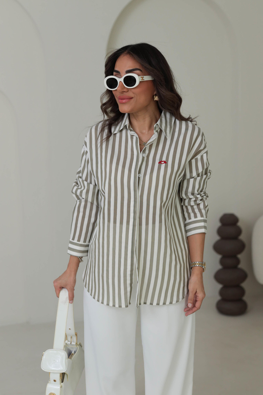 7053 Çizgili Kalp Nakışlı Cotton Gömlek HAKİ YEŞİL