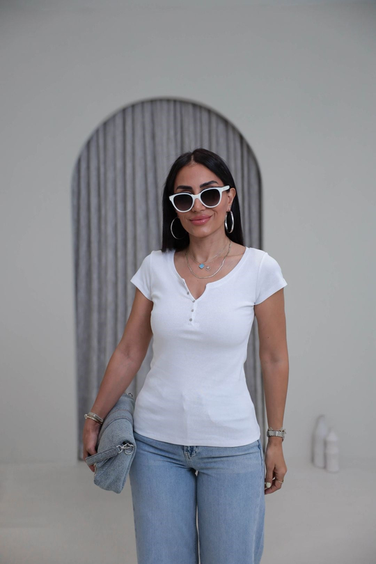 2688 Yaka Düğme Detaylı Pamuklu Tshirt BEYAZ