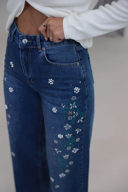 1071 Çiçek Motifli Renkli Taş İşlemeli Denim Pantolon KOYU MAVİ