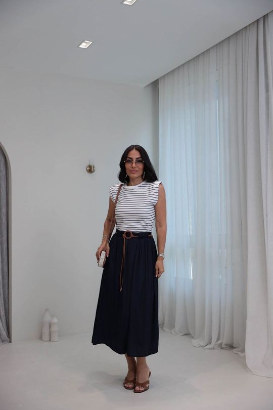 7604 Vatkalı Çizgili İnce Deri Kemer Detaylı  Kraşlı Tiril Elbise LACİVERT