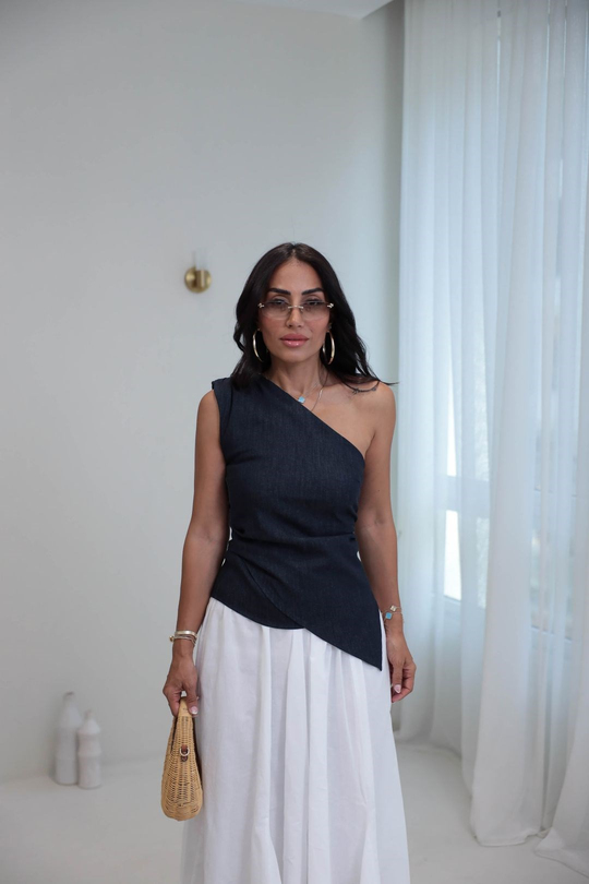 3281 Tek Omuz Asimetrik Kot Bluz LACİVERT