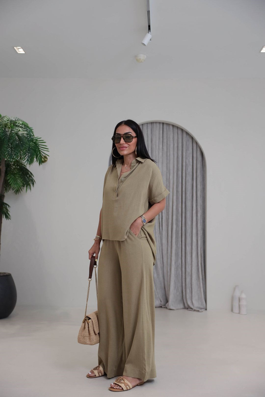 0547 Keten Rahat Bluz Pantolon Takım HAKİ YEŞİL