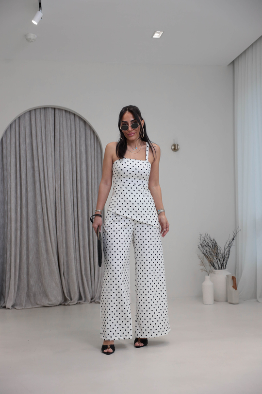 4161 Puantiyeli Askılı Bluz Pantolon Takım EKRU