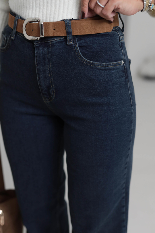 D-881 Yüksek Bel Kemerli Wide Leg Jean KOYU MAVİ