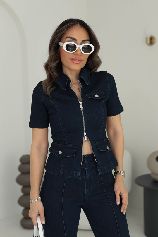 7052 Cep Kapaklı Fermuarlı Kısa Kol Denim Ceket LACİVERT
