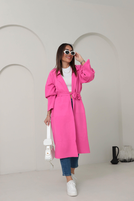 4064 Polo Yaka Triko Kemer Detaylı Hırka FUŞYA